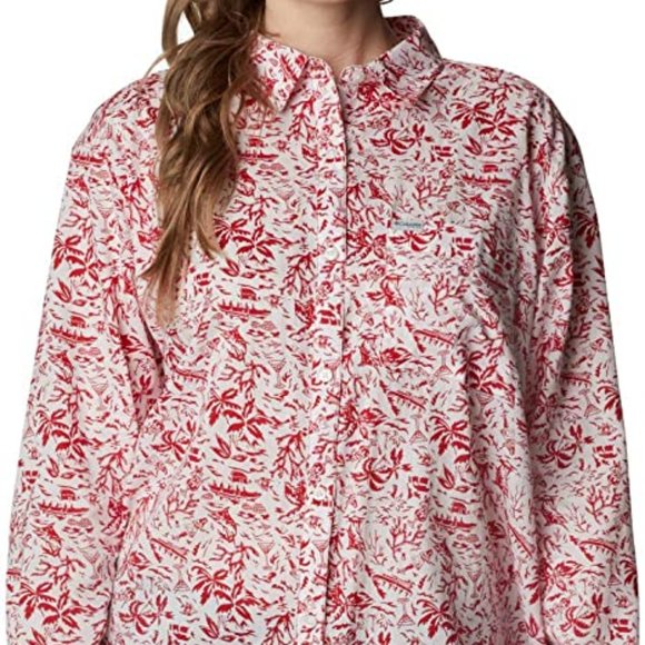 🆕Columbia Women's Slack Water Woven Long Sleeve Shirt, Red Spark Kona Print,NWT - Picture 3 of 6